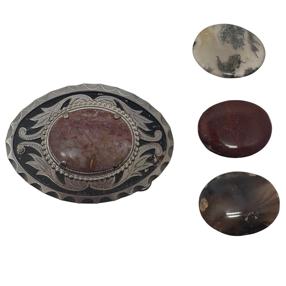 Western Interchangeable Stone Belt Buckle Silver Tone Agate Jasper 3.5in
